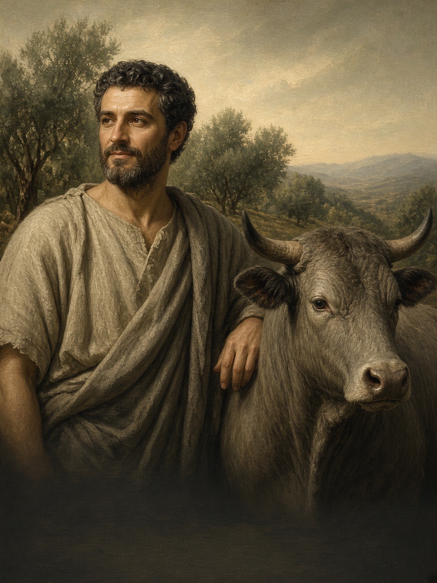 Milo of Croton resting his hand on the grown bull in an olive grove